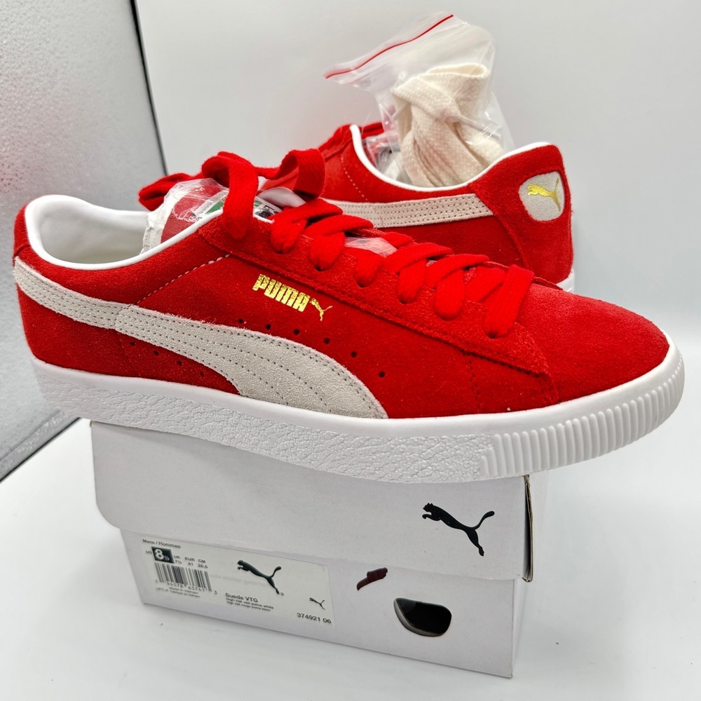 NWT Puma Suede VTG Textured Leather Sneakers , extra laces , high risk red white - Picture 4 of 16